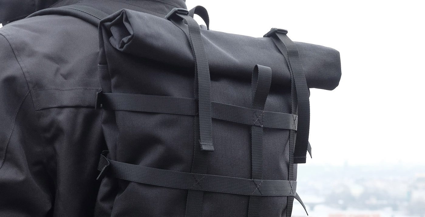 Braasi Webbing Rolltop Backpack in Black, Closeup Photo